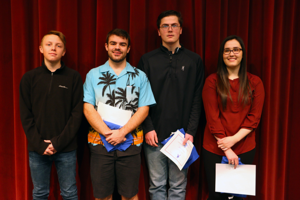 Messalonskee High School recently announced its April Students of the Month. From left are Travis Hosea, Garrett Fisher, Jacob Dexter and Sarah Martin.