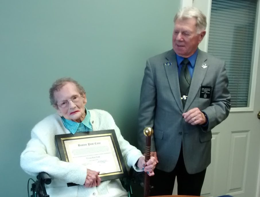 Vivian R. Field, left, recently was presented a certificate of recognition and replica of the town's Boston Post Cane, by Fairfield Council Vice-Chairman/Rep. John Picchiotti, R-Fairfield. The original is on display at the Fairfield Town Office.
