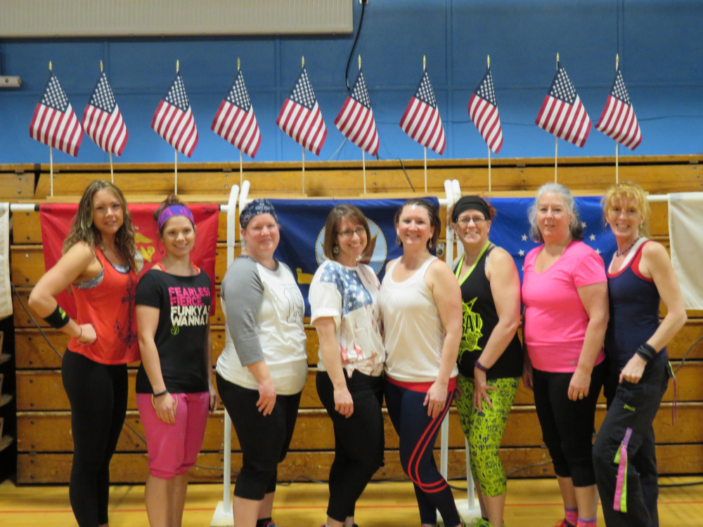 The eight instructors who led the two-hour Zumba-Thon fundraiser, included, from left, Christine Marie, Hillary White, Lisa Berry, Allison Marcoux, Tiara Nile, organizer; Lisa Doyon, Denise Delorie and Suzanne Lamb.