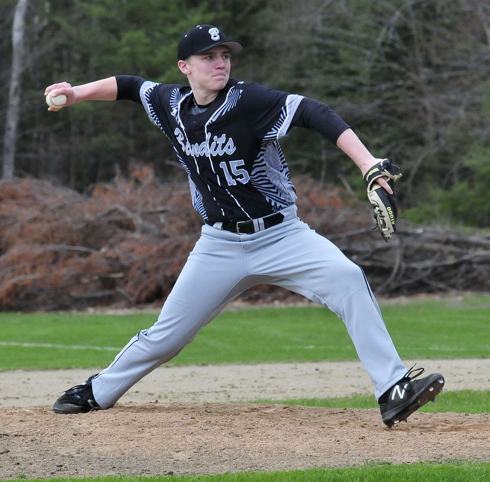 Bridgeway's Evan Holzworth pitches against Oak Hill on Wednesday in North Anson.