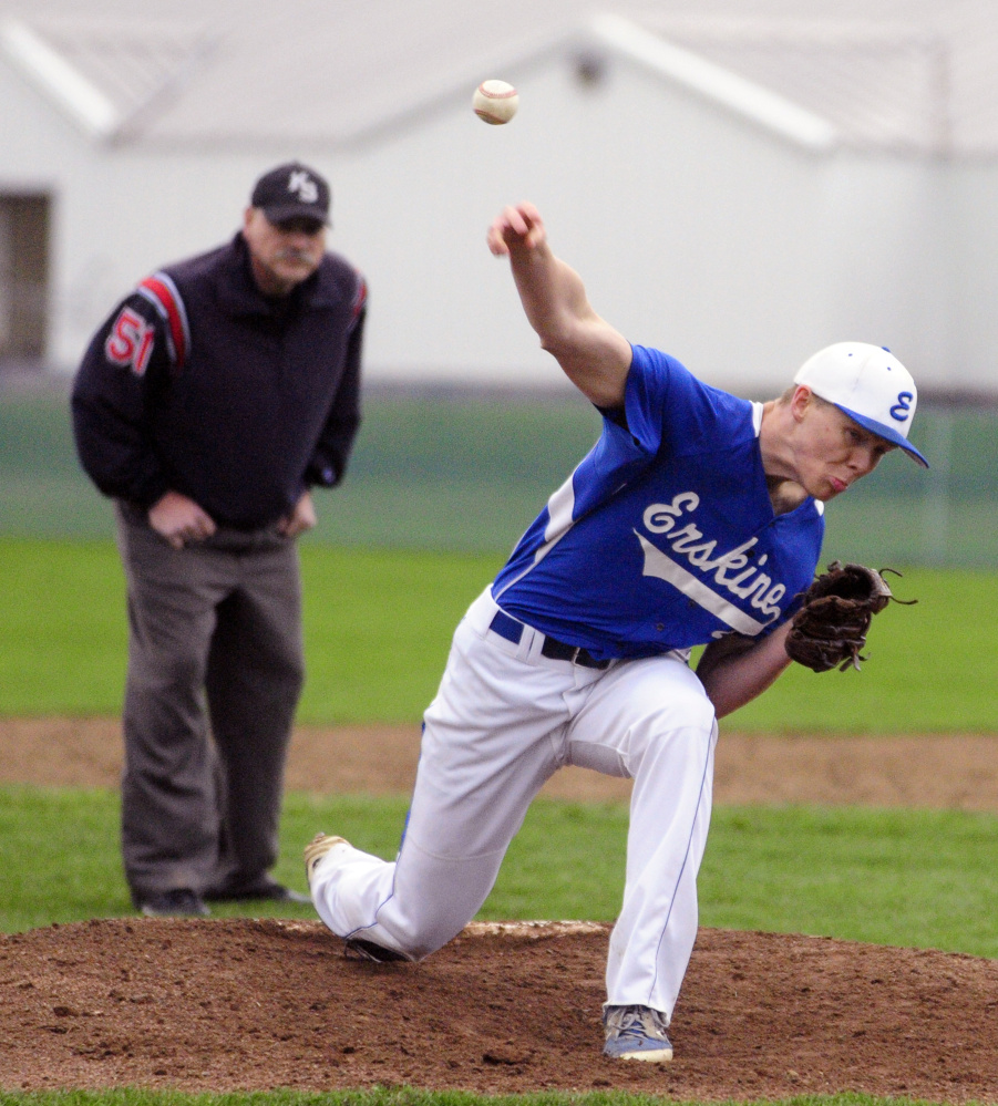Staff photo by Joe Phelan
Erskine's Noah Bonsant throws a pitch against Maranacook on Wednesday in South China.