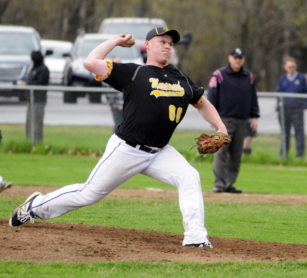 Staff photo by Joe Phelan 
 Maranacook's Dan Garand throws a pitch against Erskine on Wednesday in South China.