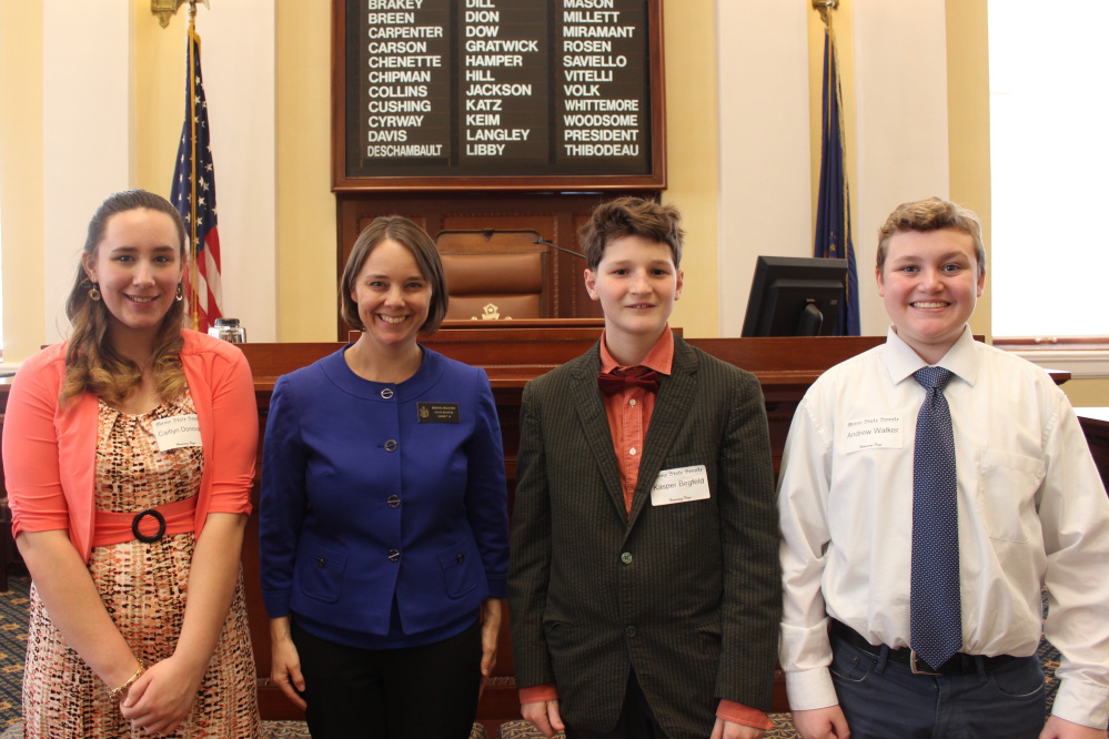 Gardiner and Hall-Dale students Kasper Birgfeld, Caitlyn Donovan and Andrew Walker served as honorary pages April 13 in the Maine Senate. From left are Caitlyn, Bellows, Kasper and Andrew.