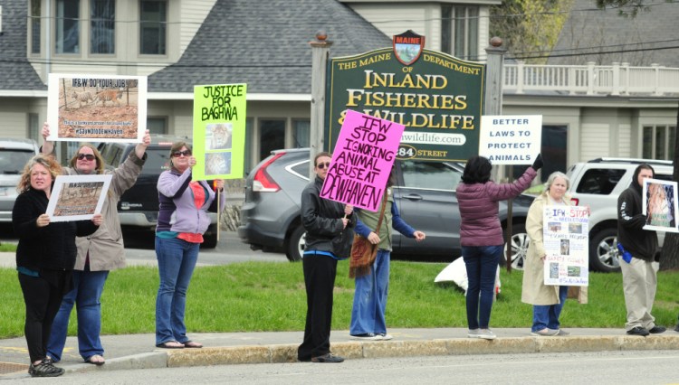 Staff photo by Joe Phelan
About a dozen protesters hold up signs Friday at the Maine Department of Inland Fisheries & Wildlife headquarters in Augusta, demanding that the department investigate DEW Haven in Mount Vernon.