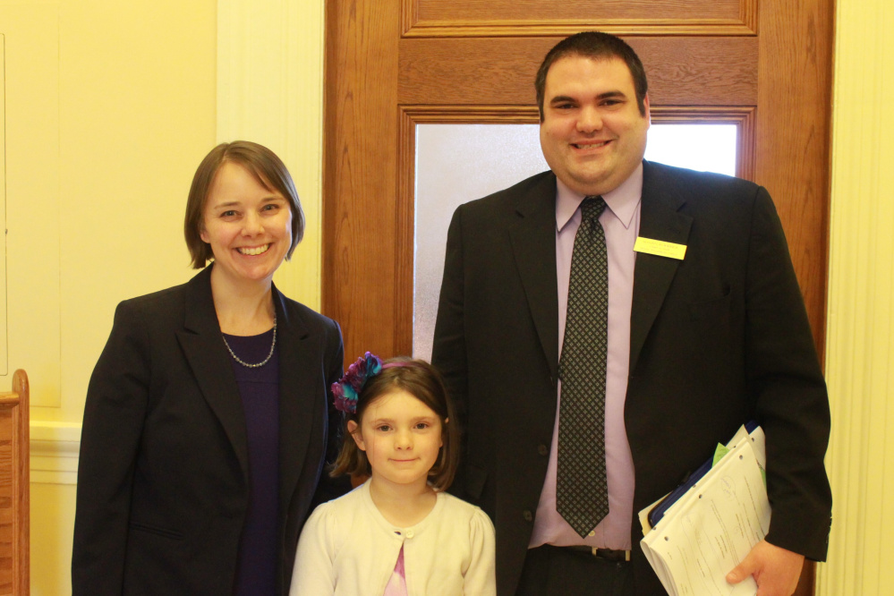 Readfield Elementary School student Annalise Roderick served as an honorary page on April 20 in the Maine Senate. From left are Sen. Shenna Bellows, Annalise Roderick and Shawn Roderick.