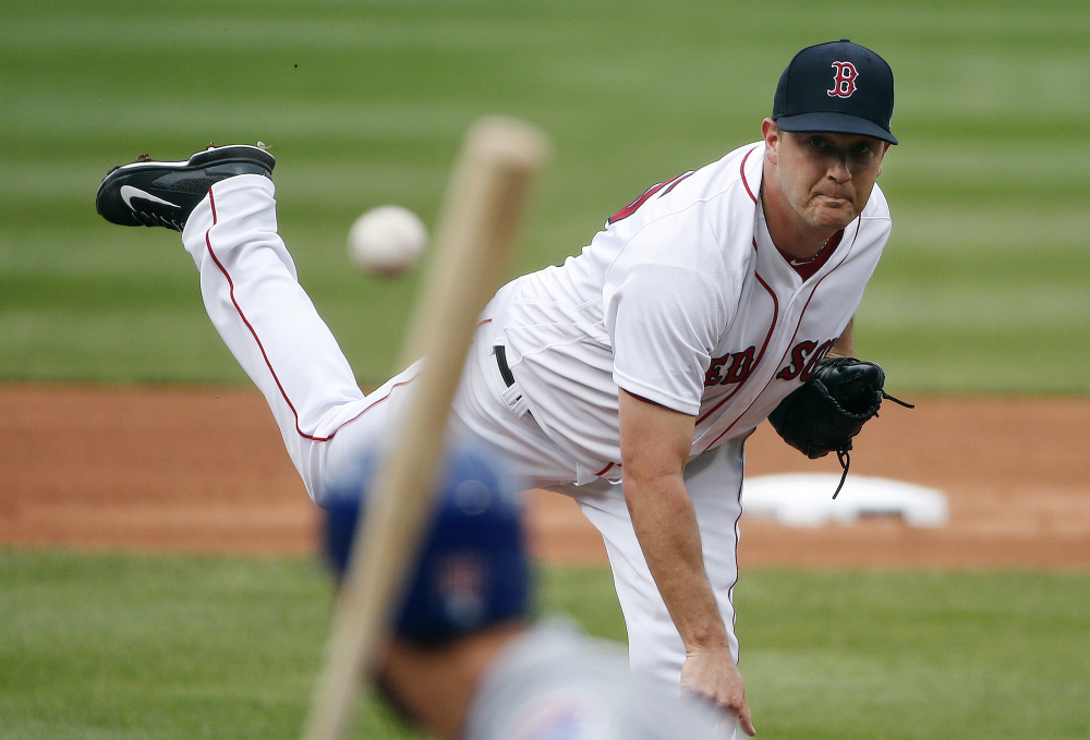 Boston knuckleballer Steven Wright pitches during the first inning of a game against the Chicago Cubs in Boston on April 29.