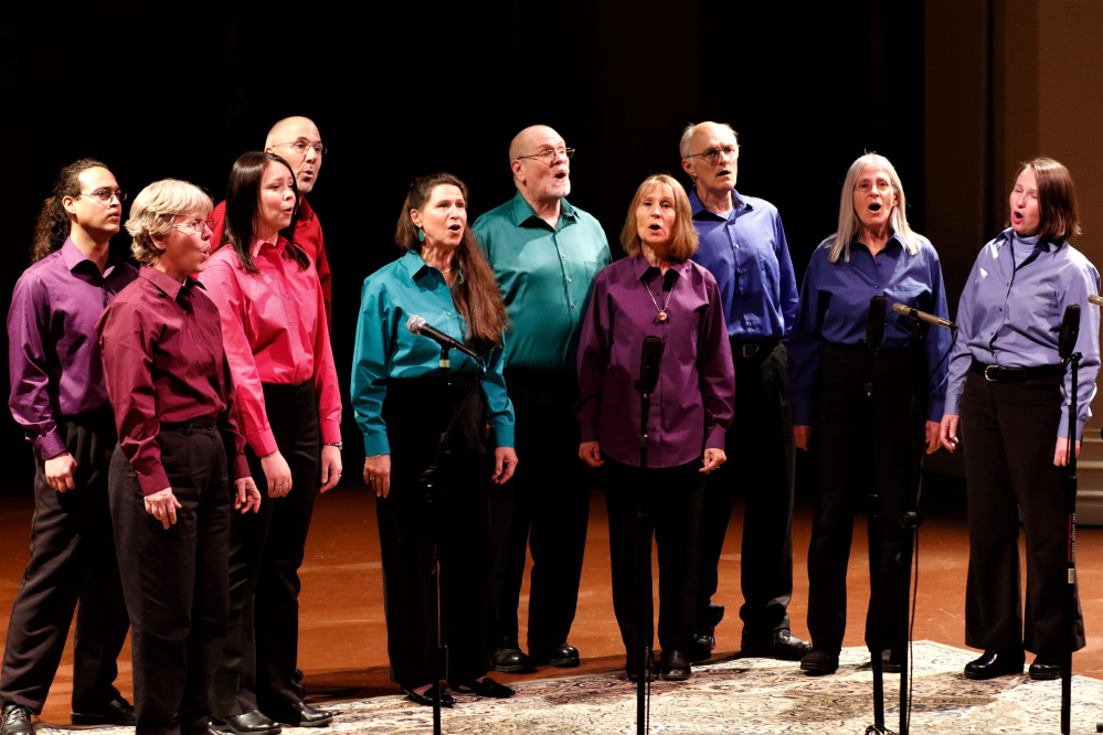 Northfield, an a cappella group based in Farmington, in front, from left, are Margaret Cox, Jess Isler, Vicky Cohen, Joan Quinn, Mardie Porter and Laurie Hatch. In back, from left, are Josh Grams, Dan Simonds, Dan Woodward and Mark Paddock.