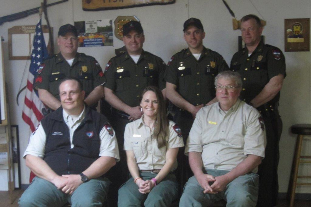 The Wilton Fish & Game Association recently held its annual appreciation event for several Maine game wardens and biologists. In front, from left, are Regional Wildlife Biologist Bob Cordes, Regional Fisheries Biologist Elizabeth Thorndike and Regional Wildlife Biologist Chuck Hulsey. In back, from left, are Warden Sgt. Scott Thrasher, Warden Brock Clukey, Warden Kyle Hladik and Warden Scott Stevens.