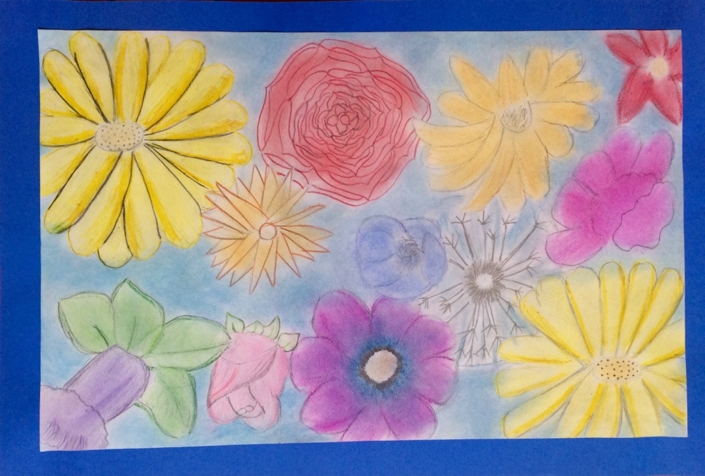 "May Flowers," colored pencil on paper by Jewel Farrin, Grade eight, Bristol Consolidated School.