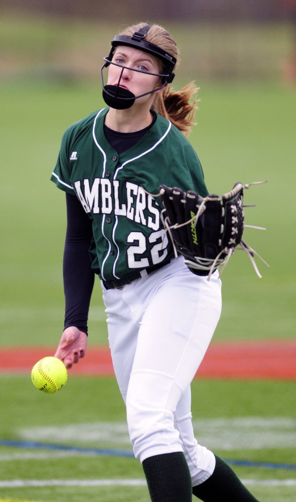 Winthrop pitcher Layne Audet throws during a game against Monmouth Academy at Kents Hill School on Tuesday.