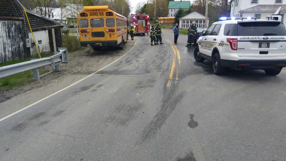 Emergency responders transported an 11-year-old complaining of pain to Franklin Memorial Hospital after a sedan collided with a school bus in Chesterville.