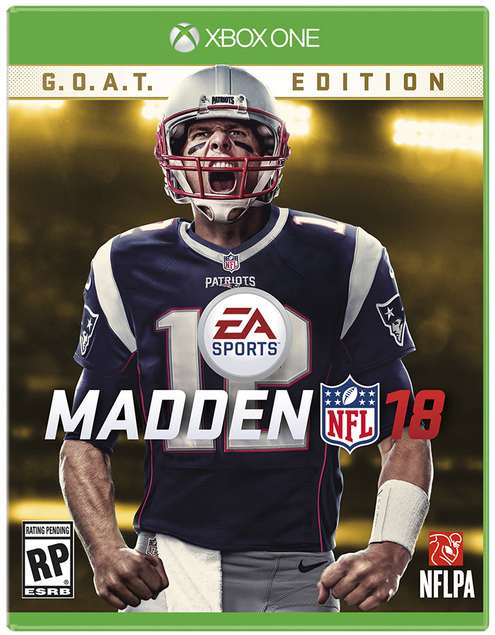 This image provided by EA Sports shows New England Patriots quarterback Tom Brady on the the cover of the Madden 18 video game.