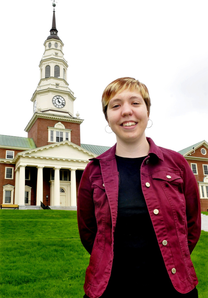 Colby College senior Michelle Boucher in front of Miller Library on campus in Waterville on Wednesday.