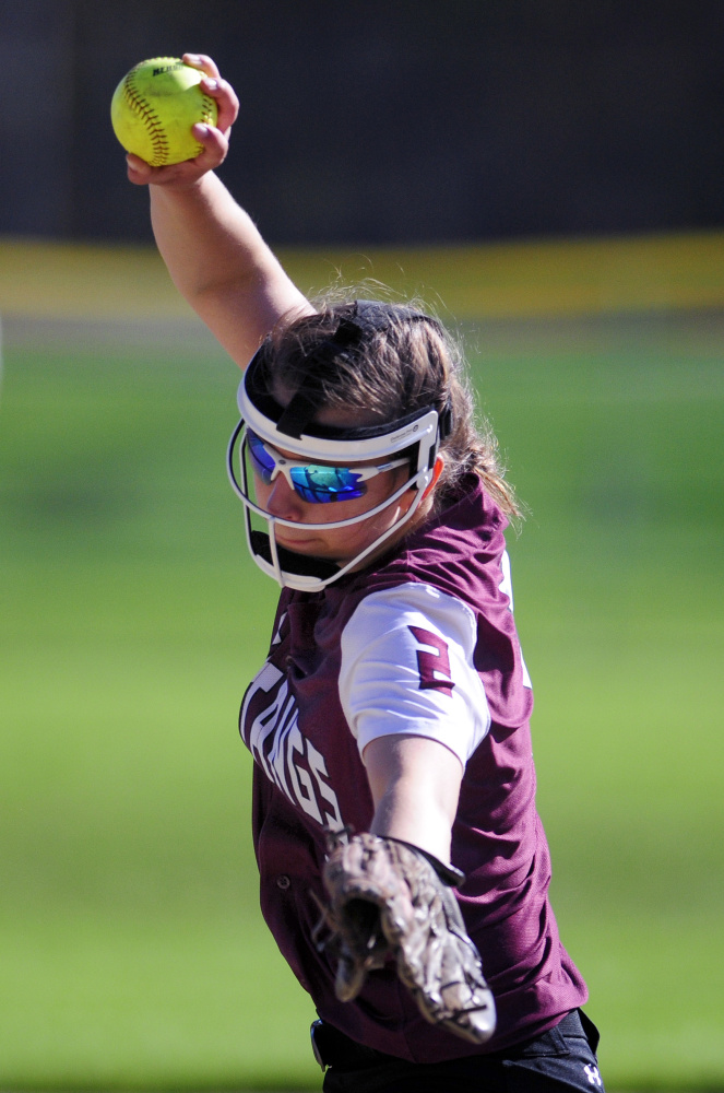 Monmouth pitcher Emily Chasse throws during a game against Carrabec on Tuesday in Monmouth.