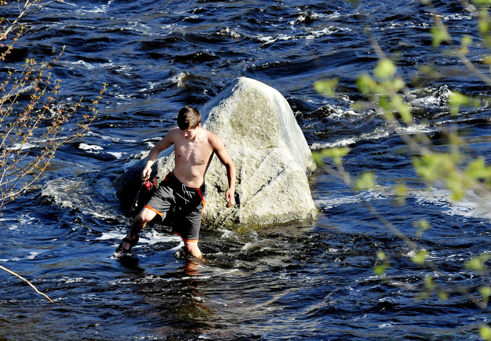 Fisherman Joe Rossignol carefully makes his way back to shore after wading in the Sebasticook River in Benton to fish off the rock on a warm Tuesday.
