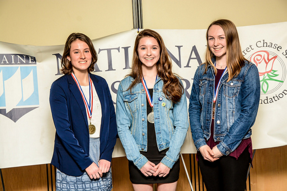 Maine National History Day winners in the Senior Paper category, from left, are Laura Parent, from Maranacook Community High School, placed first; Kiersten Jones, from Noble High School, placed second; and Autumn Littlefield, from Messalonskee High School, placed third.