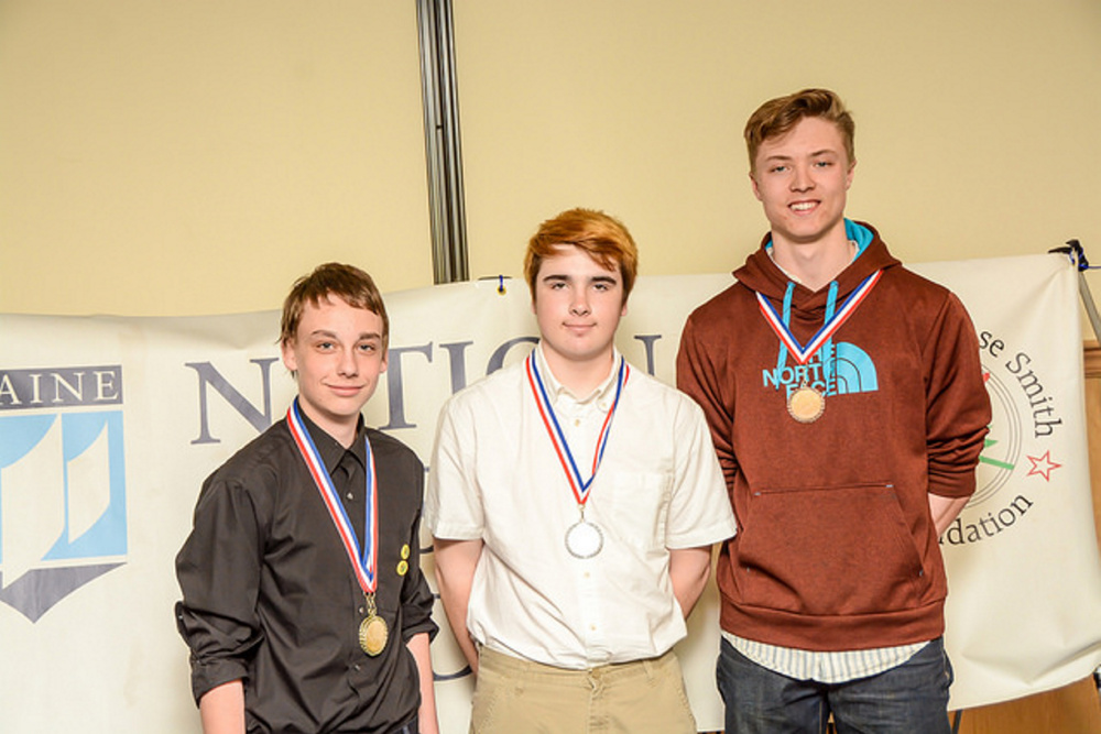 Maine National History Day winners in the Senior Individual Documentary category from left are Jacob Grover, from Buckfield Junior-Senior High School, placed first; Emmet Levasseur, from Noble High School, placed second; and William Green, from Maranacook Community High School, placed third.