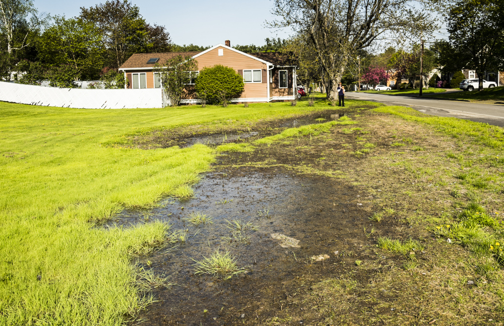 This photo taken last week shows standing water in yards on Windsor Avenue in Augusta. Resident Jacquelyn Cyr said that water failed to properly drain following the construction of a new sidewalk.