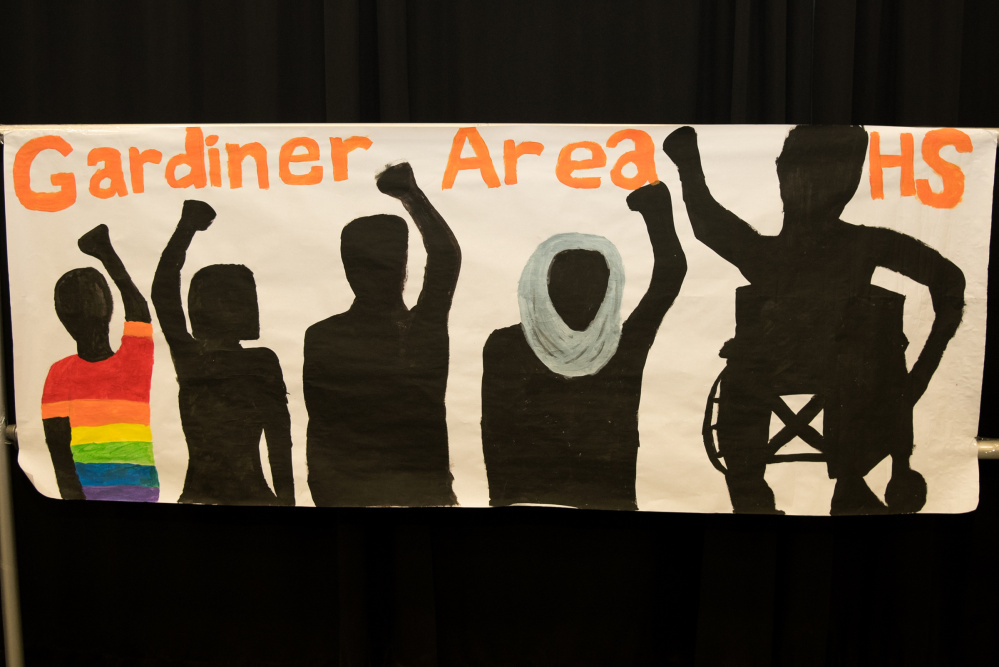 The team from Gardiner Area High School created this banner on display at the Civil Rights Team Project Statewide Conference held Monday in Augusta. The Civil Rights Team Project is to increase the safety of elementary, middle, and high school students by reducing bias-motivated behaviors and harassment in schools.