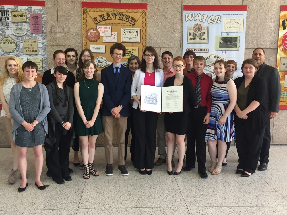 The state championship speech team from Skowhegan Area High School visited the State House in Augusta on May 16. In front, from left are Adelle Belanger, Maggie Pono, Sydney Lyman, Wyatt Carey, Sarah Brooker, Lily Weston, Shawn Hewett, Haley Surette and Bailey Weston. In back, from left are Emma York, Samantha Coombs, Brianna Ladaga, Phoebe Lyman, Teacher Maura Smith, Taylor Kruse, Anna Bourassa, Romy Gerstenberger and Rep. Brad Farrin. The group was given a tour, observed a Legislative session, spent some time at the Maine State Museum, and later were presented with a Legislative Sentiment for their state championship victory.