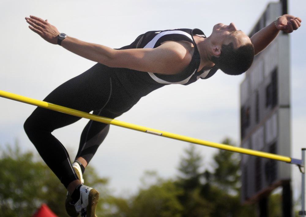 Hall-Dale's Jon Whitcomb clears the bar in the high jump during last season's Mountain Valley Conference track and field championships in Lisbon.