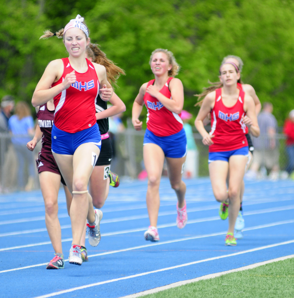 Messalonskee's Avery Brennan leads the 1,600 meter run at the Kennebec Valley Athletic Conference track and field championships Saturday at McMann Field in Bath.