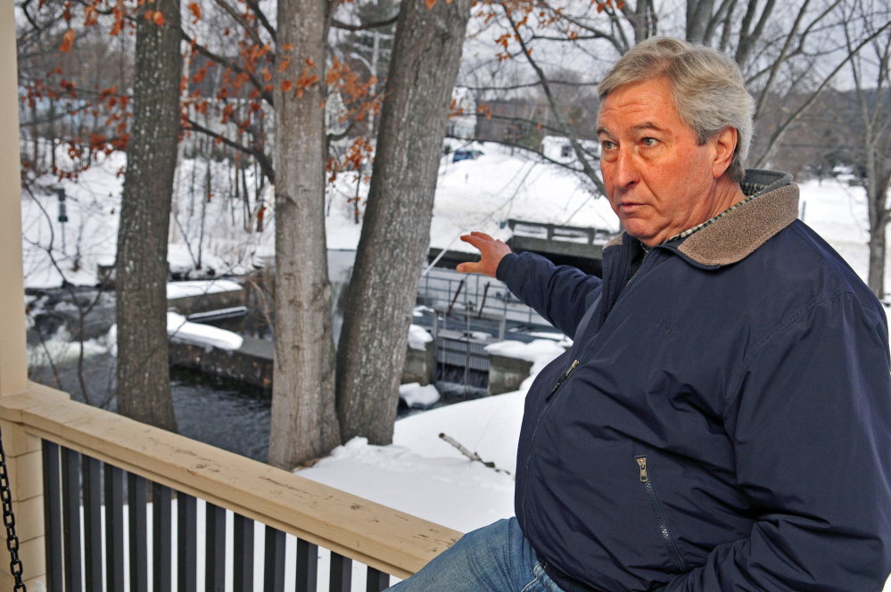 Tom Heiss talks in February about construction plans at the Maranacook Lake dam in Winthrop.