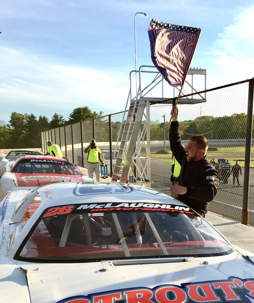 Andrew McLaughlin of Harrington celebrates his win in the 2017 Coastal 200 at Wiscasset Speedway.