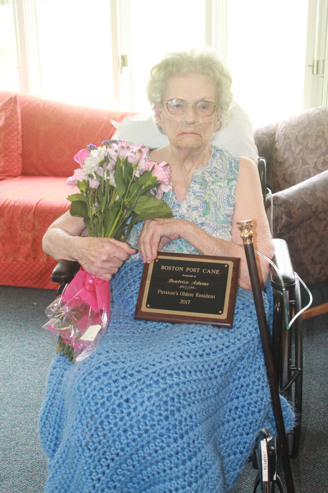 Beatrice Adams recently was presented the town's Boston Post Cane.