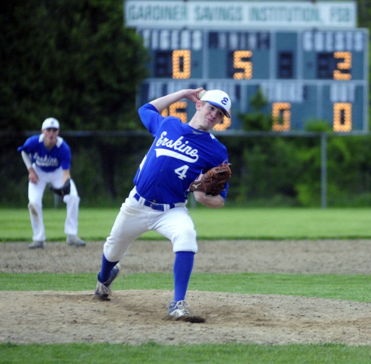Erskine starter Nate Howard delivers a pitch in the fifth inning of a game against Gardiner on Tuesday. Howard pitched a five-inning no-hitter as the Eagles cruised to a 12-0 victory in Gardiner.