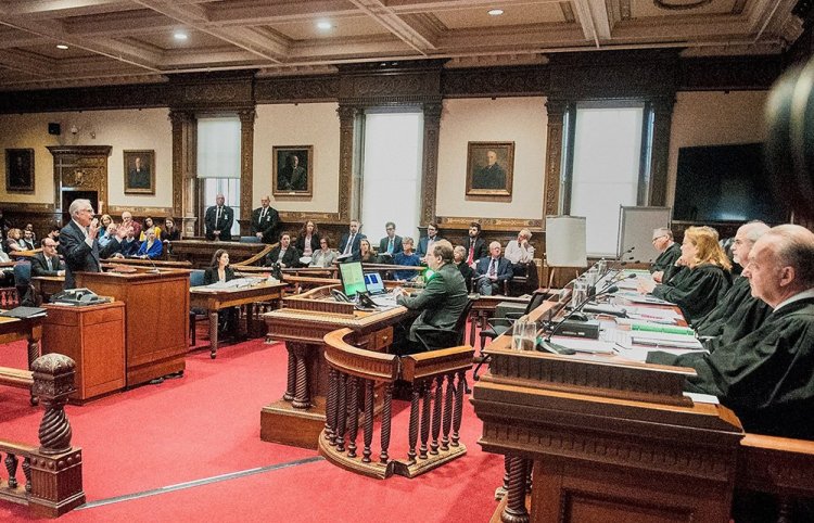 Attorney James Kilbreth of Drummond Woodsum in Portland argues on behalf of the Committee for Ranked Choice Voting on April 13 during a Maine Supreme Judicial Court hearing in the Capital Judicial Center in Augusta. 