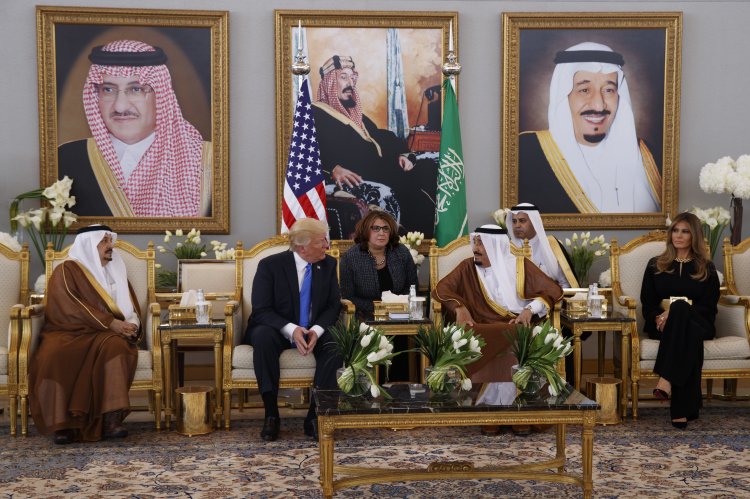 President Trump meets with Saudi King Salman after a welcome ceremony at the Royal Terminal of King Khalid International Airport on Saturday in Riyadh.