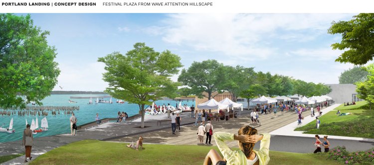 A rendering of a plaza and "wave attenuation landscape" in the proposed "Portland Landing" park. The site is currently an unpaved parking lot. 