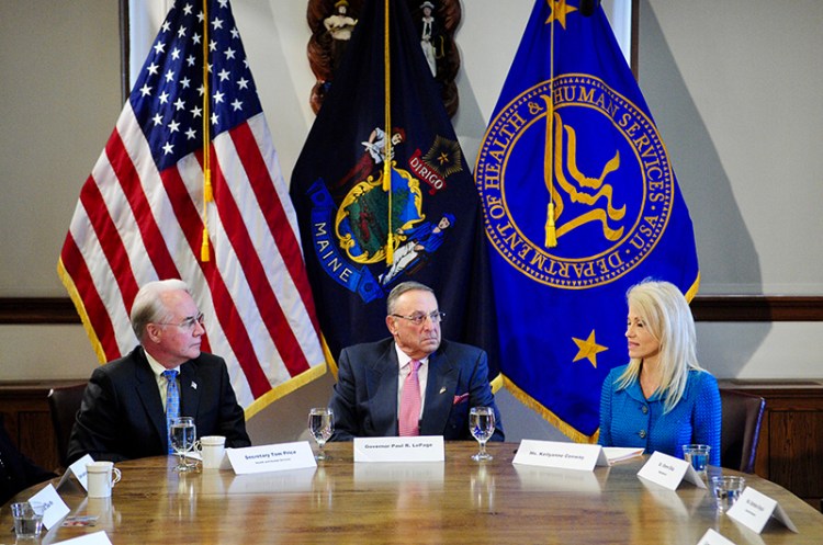 Secretary of Health and Human Services Tom Price, Gov. Paul LePage and Kellyanne Conway take part in Wednesday's "listening session."