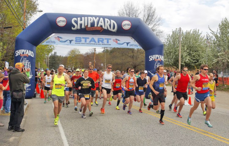 Runners start the Maine Coast Marathon in 2016. Because of a problem with this year's course, some runners ran farther than others.