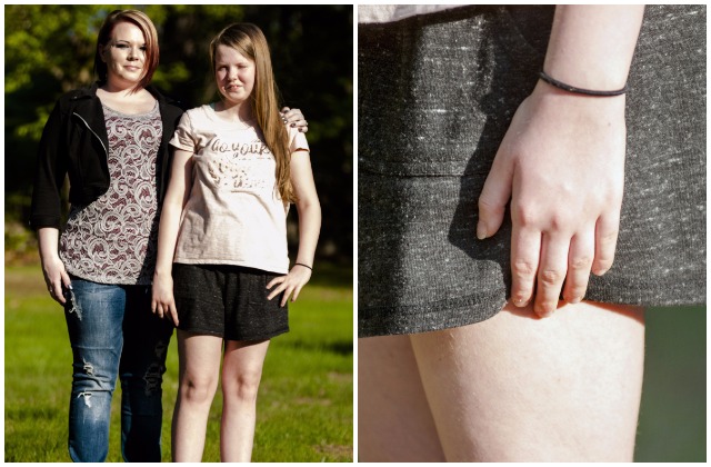 In this composite image, Danica Gagne, left, stands with her daughter Peyton Guay, 12. Peyton and her mother have been working on revising the Oak Hill Middle School dress code so Peyton can wear shorts to school without worrying about violating the dress code. At right, Peyton demonstrates the current dress code system at Oak Hill Middle School that involves measuring with fingers on the outside of the shorts. 