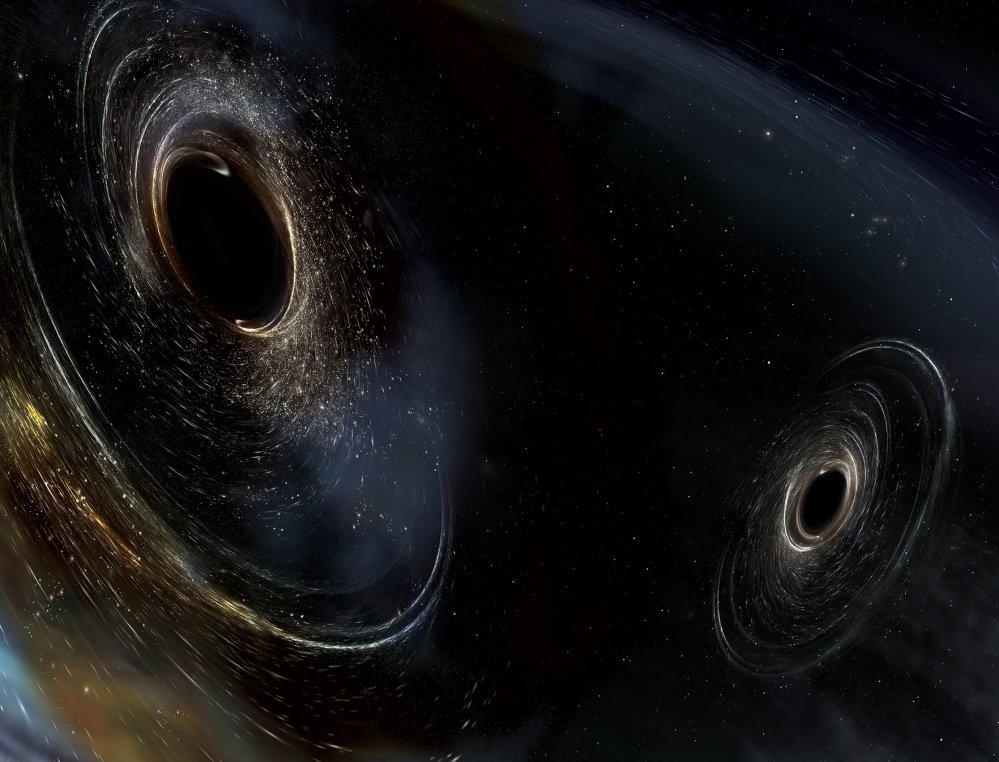 An artist's conception shows two merging black holes similar to those detected by LIGO.