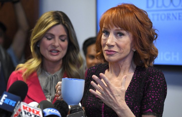 Comedian Kathy Griffin, right, speaks along with her attorney, Lisa Bloom, during a news conference Friday in Los Angeles to discuss the backlash from Griffin's photo and video displaying a likeness of President Trump's severed head.