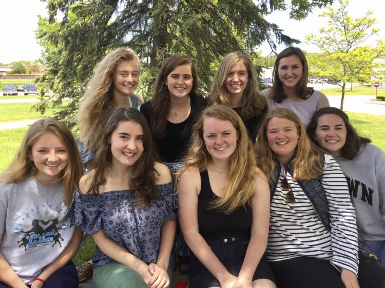 Troop 2222 Girl Scouts prepare for graduation from Cape Elizabeth High School on Sunday. Front, from left, Kelly O'Sullivan, Faith Buckley, Kinnon McGrath, Grace Carignan and Maggie Gleason. Back, from left, Natalie Gale, Kate Ginder, Lily Mckenzie and Taylor Young.
