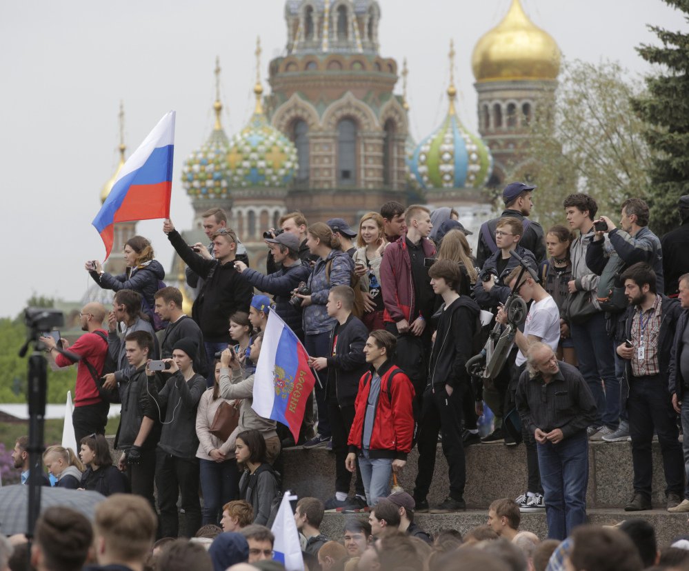 People gather for a rally in St. Petersburg, Russia.