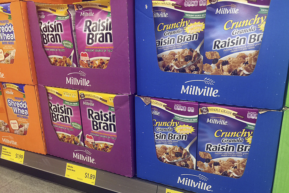 At an Aldi store in New York, Millville Raisin Bran, a store brand, is displayed in colored packaging similar to the versions made by Kellogg's and Post.