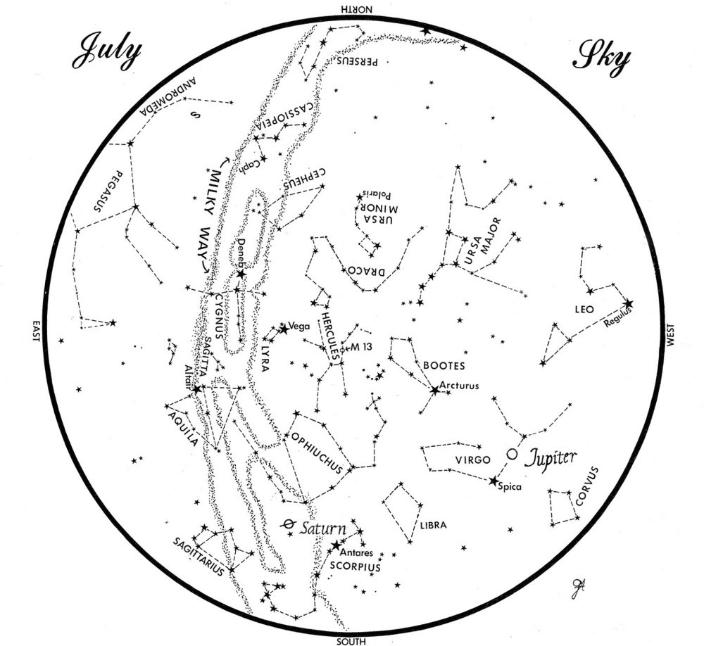 SKY GUIDE: This chart represents the sky as it appears over Maine during July. The stars are shown as they appear at 10:30 p.m. early in the month, at 9:30 p.m. at midmonth and at 8:30 p.m. at month's end. Saturn and Jupiter are shown in their midmonth positions. To use the map, hold it vertically and turn it so that the direction you are facing is at the bottom.