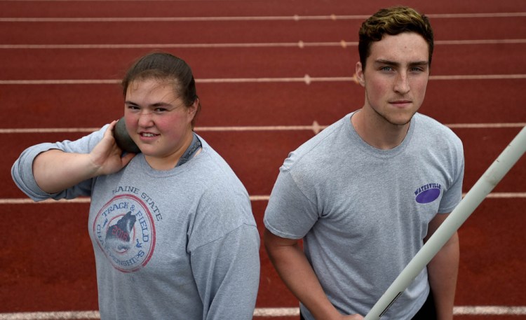 Waterville throwers Sarah Cox, left, and Zack Smith have their sights set on big performances at the Class B state track and field championships in Yarmouth on Saturday.