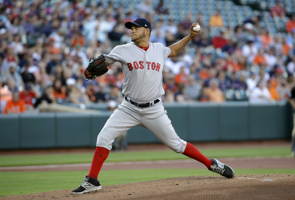 Boston Red Sox starting pitcher Eduardo Rodriguez throws to the Orioles during the first inning Thursday.