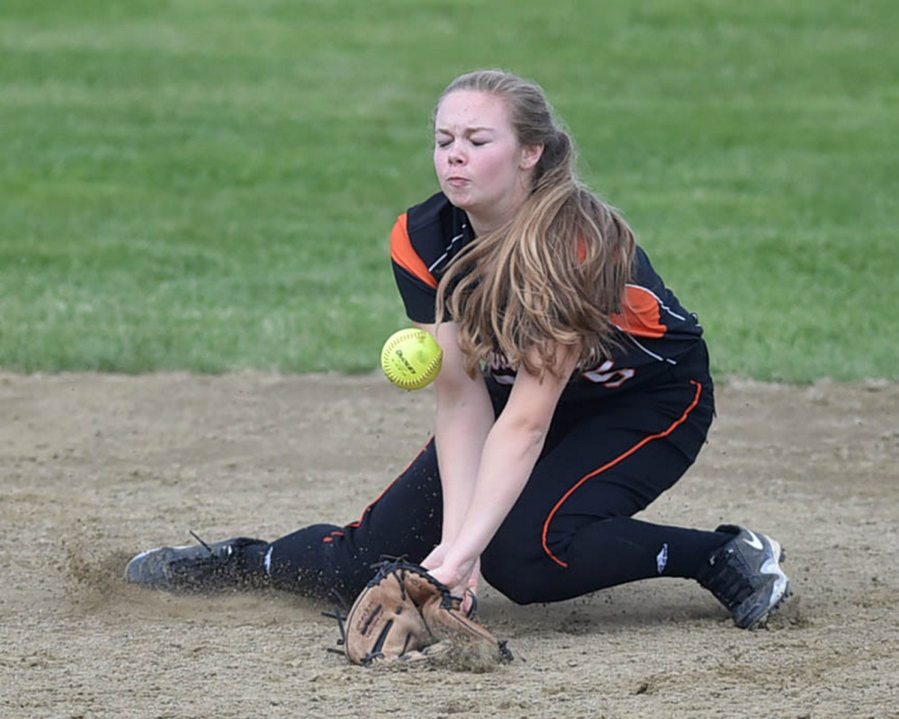 Skowhegan second baseman Julia Steeves knocks down a ground ball during the Kennebec Valley Athletic Conference Class A title game Friday against Edward Little.