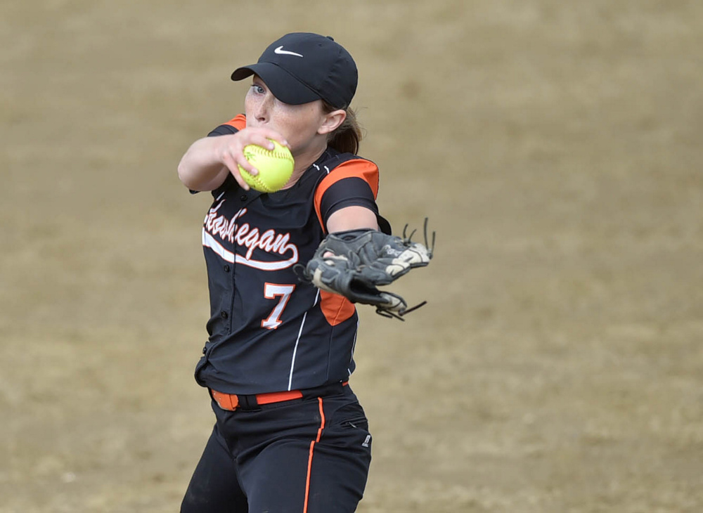 Skowhegan pitcher Ashley Alward delivers a pitch to an Edward Little High School batter during the Kennebec Valley Athletic Conference Class A title game Friday.