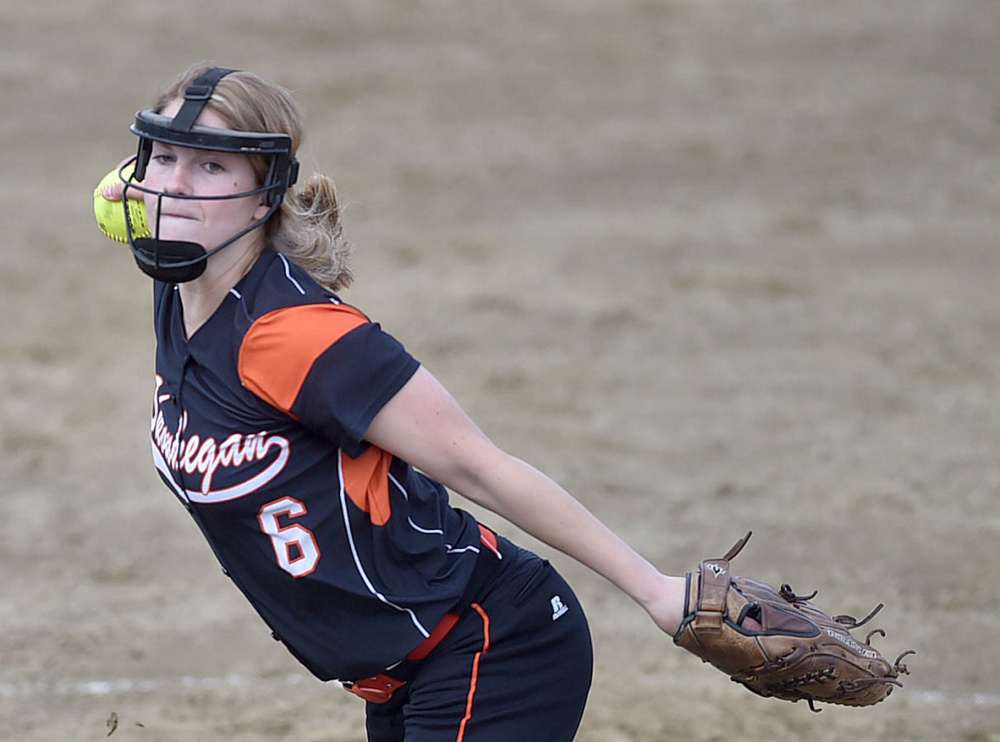 Skowhegan pitcher Sydney Ames delivers a pitch to an Edward Little High School batter during the Kennebec Valley Athletic Conference Class A title game Friday.