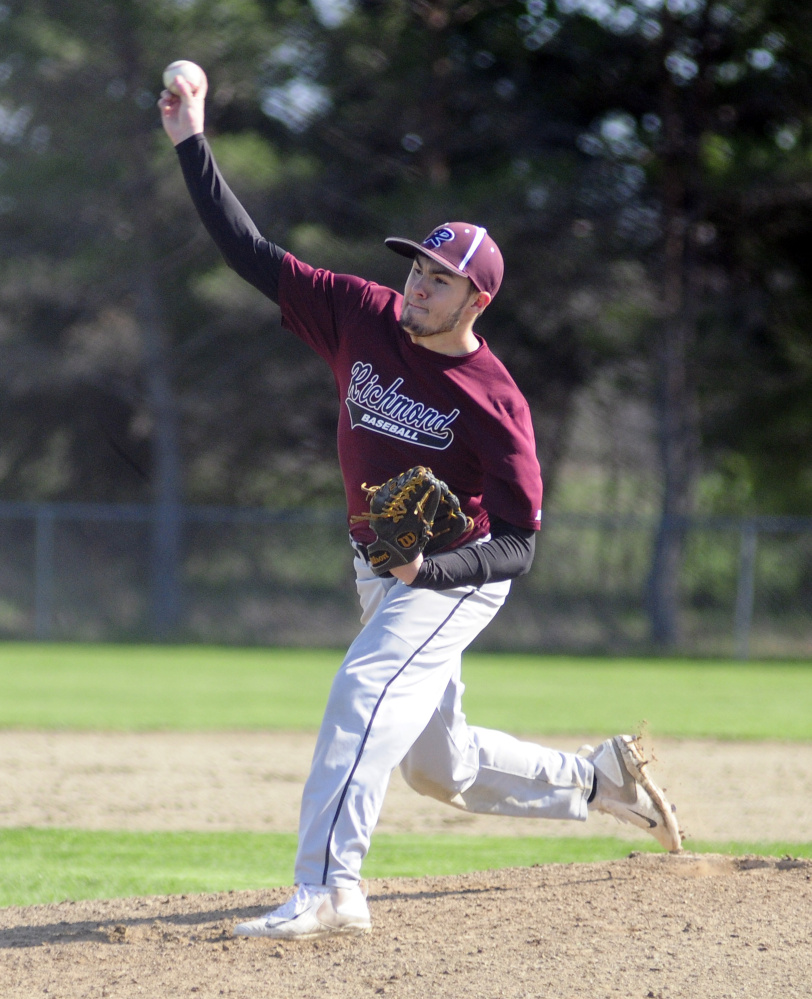 Richmond's Matt Rines throws a pitch against Valley in an East/West Conference game earlier this season in Richmond.