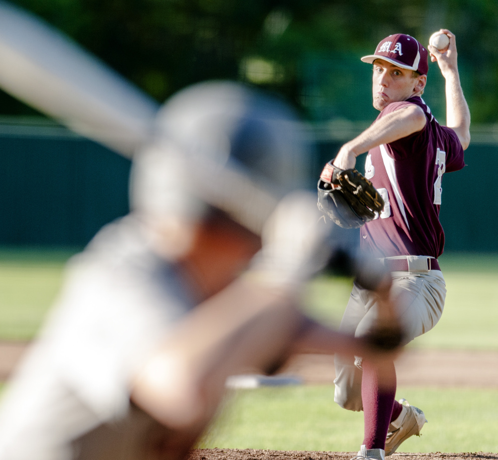 Monmouth pitcher Hunter Richardson throws during the Class C South championship game against Lisbon on Wednesday at St. Joseph's College in Standish.