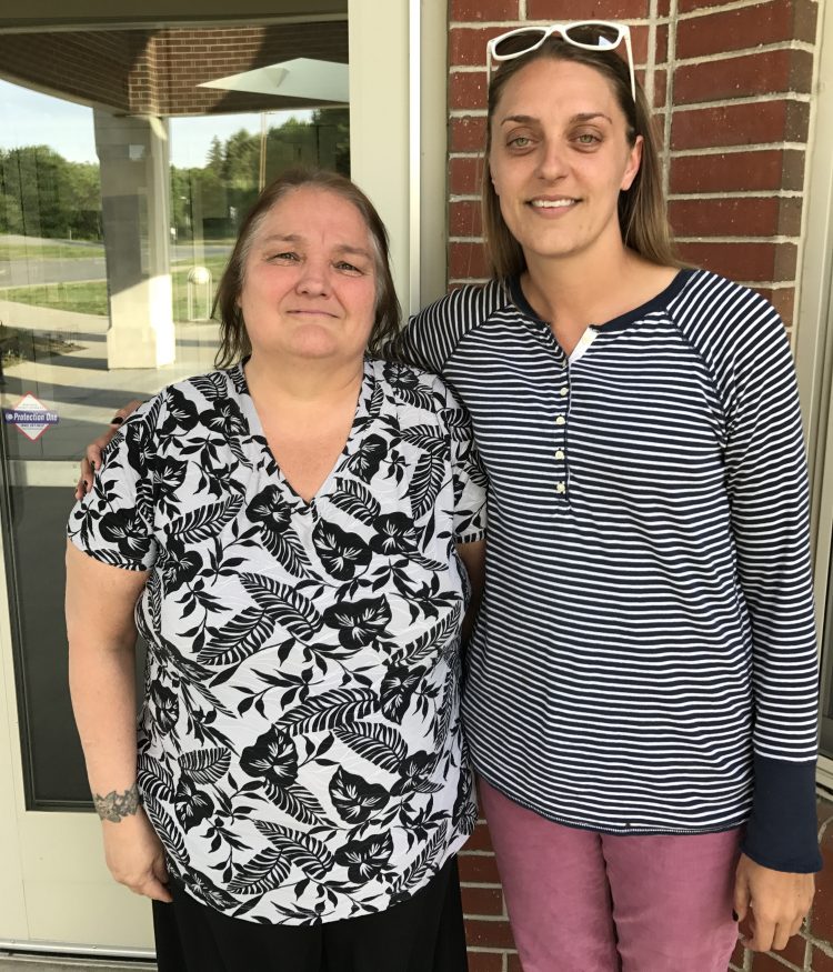 Cynthia Raymond, left, and Amelia Clukey say they remain concerned about the condition of classrooms at Hall-Dale Middle School after mold was found in the room where Raymond teaches.